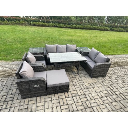 Fimous Dark Grey PE Wicker Rattan Garden Furniture Set Reclining Chair Love Sofa 2 Seater Sofa Set Outdoor Rectangular Dining Table Big Footstool 2 Side Tables 8 Seater