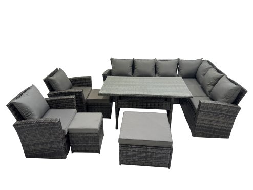 Fimous Rattan Garden Furniture Set Outdoor 11 Seater Patio Dining Corner Sofa Sets with Dining Table Chair Dark Grey Mixed