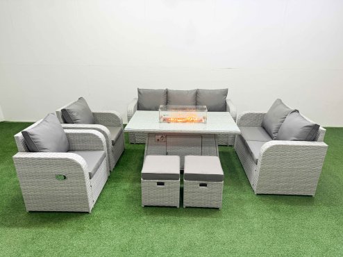 Fimous PE Rattan Garden Furniture Set Reclining Chair Sofa Double Love Seat 2 Seater Sofa Lounge Set Firepit Dining Table 2 Stools Light Grey