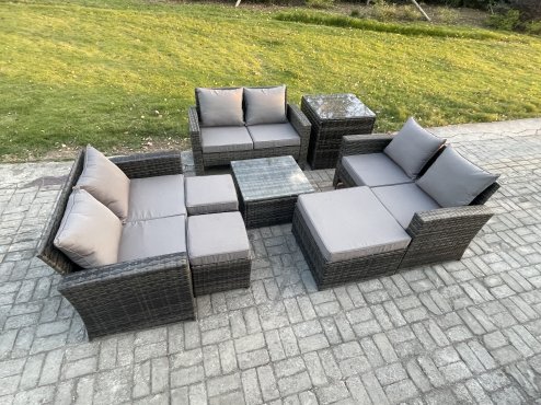 Fimous Outdoor Lounge Sofa Set Wicker PE Rattan Garden Furniture Set with Square Coffee Table Double Seat Sofa 3 Footstools Side Table Dark Grey Mixed