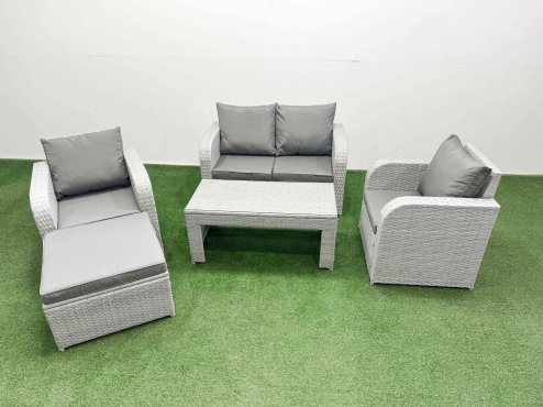 Fimous Light Grey PE Wicker Rattan Garden Furniture Set Sofa Set Reclining Adjustable Chair Oblong Coffee Table 5 Seater With Footstool