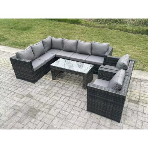 Fimous 8 Seater Rattan Corner Sofa Lounge Sofa Set With Rectangular Coffee Table 2 Arm Chair Dark Grey Mixed Left Hand