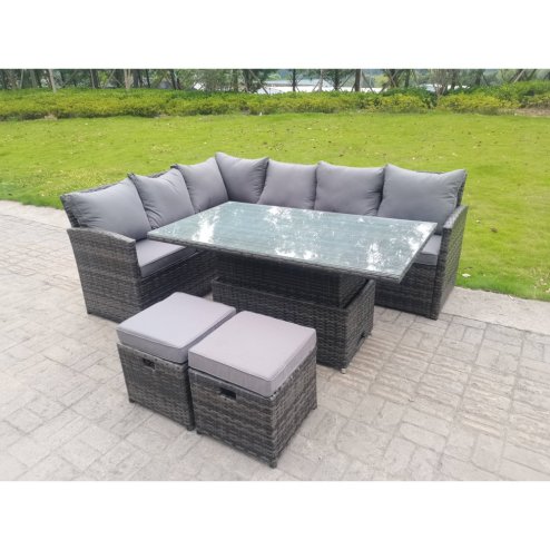 Fimous High Back Corner Rattan Garden Furniture Sofa Dining Rising Table Height Adjustable 8 Seater 2 Small Foot Stools
