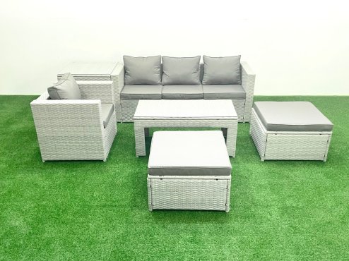 Fimous Outdoor Rattan Garden Furniture Set with Grey Cushions Luxury 6 Seater with 2 Big Footstools and Coffee Table,Side Table For Conservatory,Patio