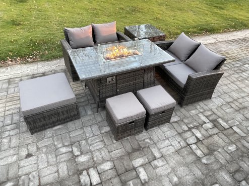 Fimous 7 Seater Rattan Garden Furniture Set Outdoor Lounge Sofa Chair Gas Fire Pit Dining Table Set With 3 Footstools Double Seat Sofa Side Table
