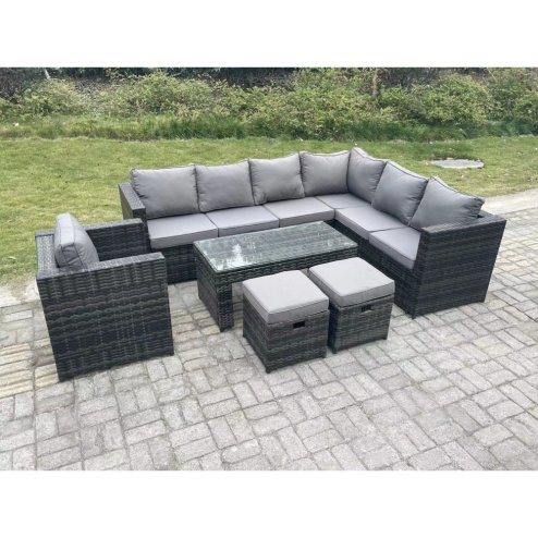 Fimous 9 Seater Rattan Corner Sofa Lounge Sofa Set With Rectangular Coffee Table 2 Stool Dark Grey Mixed Right Hand