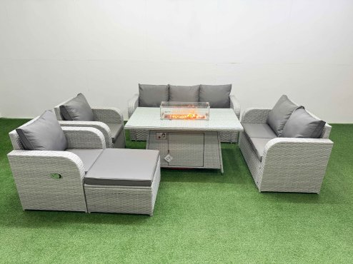 Fimous PE Rattan Garden Furniture Set Reclining Chair Sofa Double Love Seat 2 Seater Sofa Lounge Set Firepit Dining Table Big Footstool Light Grey