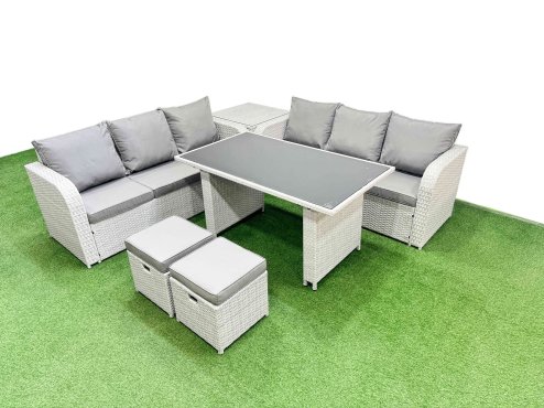 Fimous 8 Seater Rattan Outdoor Dining Table 3 Seater Sofa Set with Side Table 2 Small Stools Light Grey