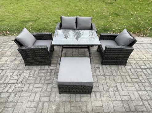 Fimous Outdoor Garden Furniture High Back Rattan Sofa Dining Table Set with Big Footstool Dark Grey Mixed