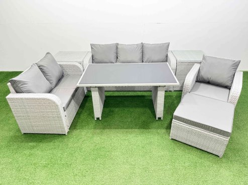 Fimous Rattan Outdoor Table Reclining Chair Sofa Set with 2 Side Tables Big Stool Light Grey 7 Seater