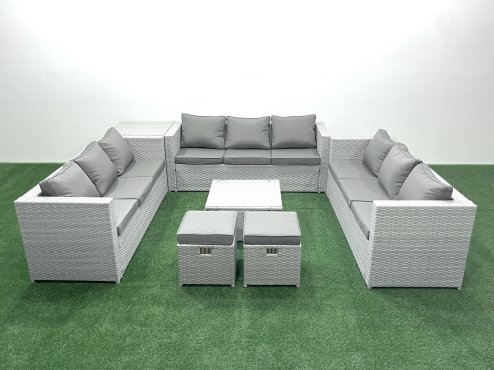 Fimous Rattan Garden Outdoor Furniture Set 11 Seater Rattan Garden Sofa Set with 2 Small Footstool Side Table Light Grey Mixed