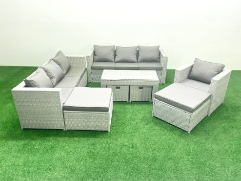 Fimous Outdoor Rattan Garden Furniture Set with Grey Cushions Luxury 11 Seater with Chair and Coffee Table For Conservatory,Patio