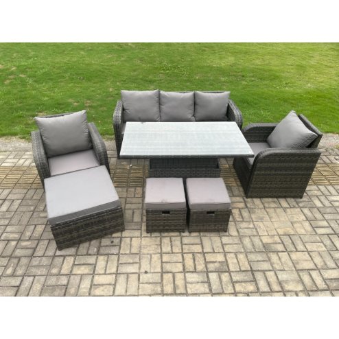 Fimous Outdoor Rattan Furniture Garden Dining Sets Height Adjustable Rising lifting Table and Chair Set With Lounge Sofa 3 Footstools