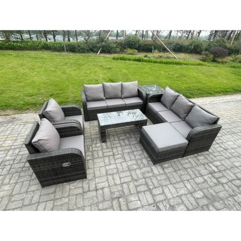 Fimous Wicker PE Rattan Sofa Set Outdoor Patio Garden Furniture with Reclining Chair Coffee Table Side Table Big Footstool Dark Grey Mixed