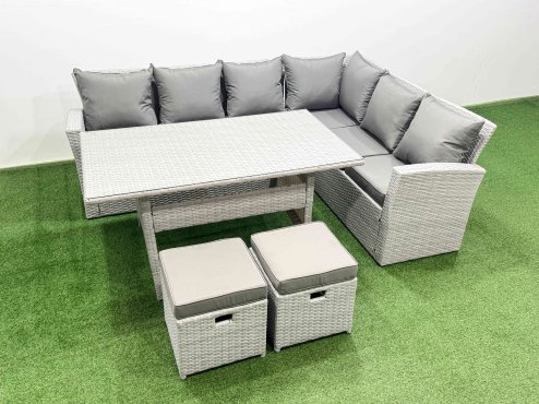 Fimous Rattan Garden Furniture Set Outdoor 8 Seater Patio Dining Corner Sofa Sets with Dining Table 2 Small Footstools Light Grey Mixed