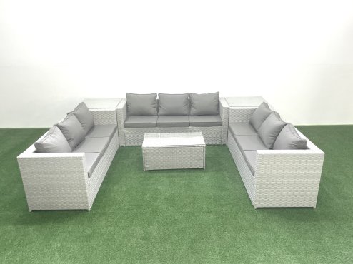 Fimous Rattan Garden Outdoor Furniture Set 9 Seater Garden Sofa Coffee Table Set with 2 Side Tables Light Grey Mixed