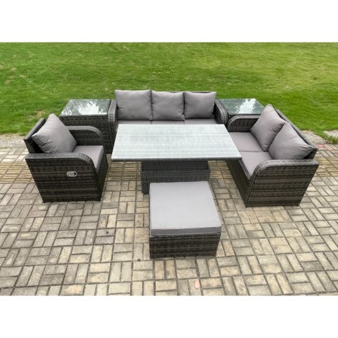 Fimous Outdoor Rattan Furniture Garden Dining Set Patio Height Adjustable Rising lifting Table Reclining Chair Sofa With 2 Side Tables Big Footstool Dark Grey Mixed
