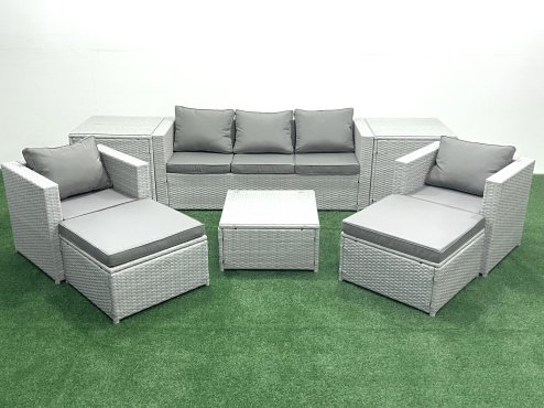 Fimous 7 Seater Rattan Garden Furniture Set with 3 Seater Sofa 2 Chair Square Coffee Table 2 Big Footstools 2 Side Tables Light Grey Mixed