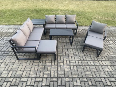 Fimous Aluminium 7 Pieces Garden Furniture Set with Cushions 9 Seater Outdoor Patio Lounge Sofa Set with Armchair 2 Big Footstools Side Table Dark Grey