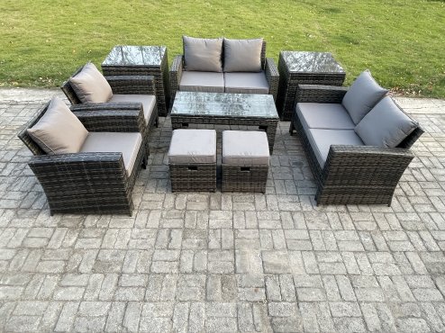 Fimous 8 Seater Dark Grey Mixed High Back Rattan Sofa Set Coffee Table Garden Furniture Outdoor Patio With Love Sofa Arm Chairs 2 Small Footstools 2 Side Tables