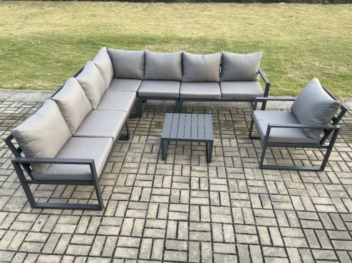 Fimous Outdoor Garden Furniture Patio Lounge Corner Sofa Aluminium Set with Square Coffee Table Chair Dark Grey
