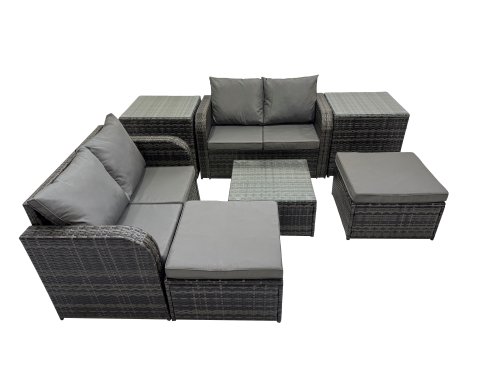 Fimous Rattan Garden Outdoor Furniture Set Love Sofa Square Coffee Table Set with 2 Side Table 2 Big Stools Dark Grey Mixed