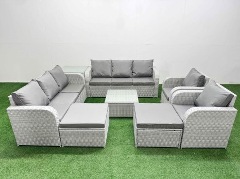 Fimous PE Rattan High Back Lounge Sofa Set Patio Square Coffee Table & Chairs Set with 3 Seater Sofa Reclining Chair 2 Big Footstool Side Table Light Grey