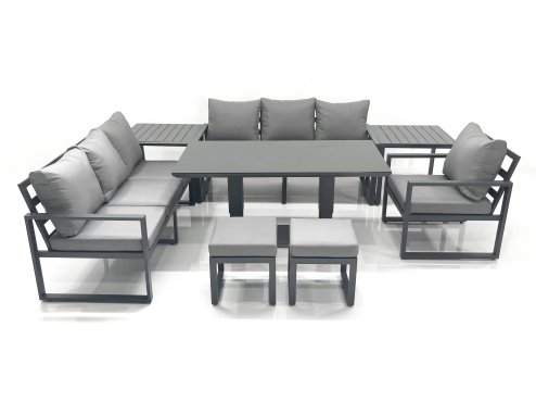 Fimous Outdoor Garden Furniture Set Aluminium Lounge Sofa Adjustable Rising Lifting Dining Table Sets with 2 Small Footstools 2 Side Tables Dark Grey