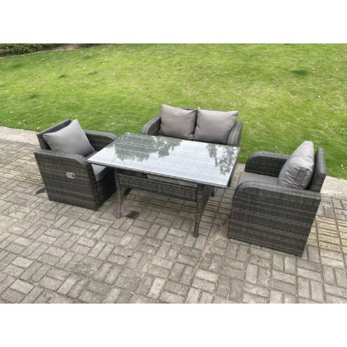 Fimous Dark Grey PE Wicker Rattan Garden Furniture Set Love Sofa Reclining Chair Outdoor Rectangular Dining Table 4 Seater