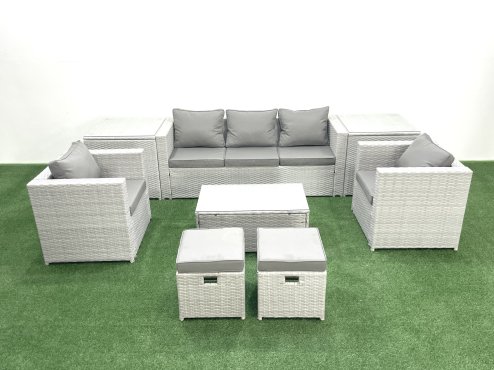 Fimous 7 Seater Rattan Garden Furniture Set with 3 Seater Sofa 2 Chair Rectangular Coffee Table 2 Small Footstools 2 Side Tables Light Grey Mixed