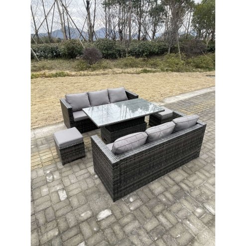 Fimous 8 Seater?Outdoor Rattan Sofa Set Garden Furniture Adjustable Rising Lifting Dining Table Footstools Dark Grey Mixed