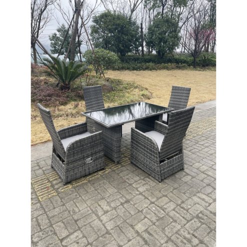 Fimous Dark Grey Mixed Outdoor PE Wicker Rattan Garden Furniture Reclining Chair And Table Dining Sets 4 Seater Rectangular Black Tempered Table