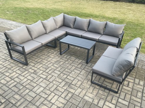 Fimous Aluminium 9 Seater Patio Outdoor Garden Furniture Lounge Corner Sofa Set with Oblong Coffee Table Dark Grey