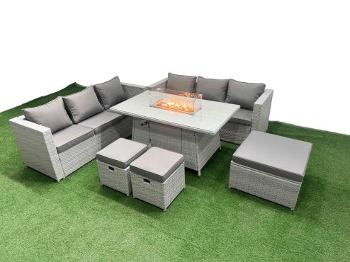 Fimous 9 Seat PE Rattan Lounge Sofa Set Outdoor Garden Furniture Set with Firepit Dining Table 3 Seater Sofa 3 Stools Light Grey