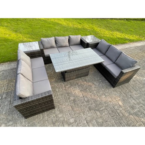 Fimous U Shape Rattan Gardern Furniture Dining Sofa Set Adjustable Rising Dining Table With 2 Side Coffee Table