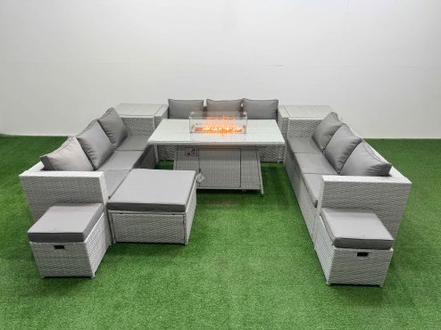 Fimous PE Rattan Lounge Sofa Set Outdoor Garden Furniture Set with Firepit Dining Table 3 Seater Sofa 2 Side Table 3 Stools Light Grey