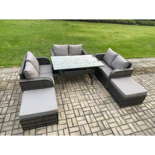 Fimous Patio Rattan Garden Furniture Set with Oblong Rectangular Dining Table 2 Big Footstool 8 Seater Outdoor Lounge Loveseat Sofa Set Dark Grey Mixed