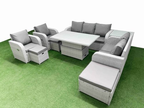 Fimous PE Rattan Garden Furniture Set Reclining Chair Sofa Double Love Seat 2 Seater Sofa Lounge Set Adjustable Lifting Dining or Coffee Table 3 Stools Side Table Light Grey