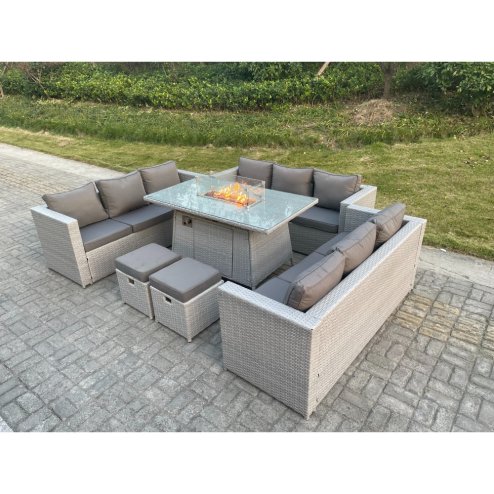Fimous Light Grey U Shape Lounge Sofa Dining Set With Gas Heater Fire pit Burner 2 PC Small Footstool