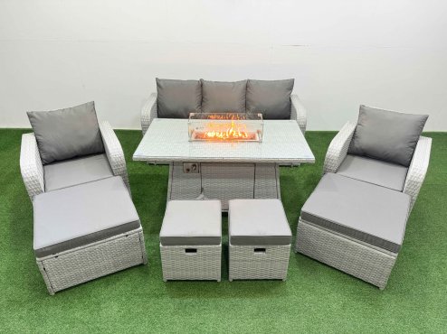 Fimous PE Rattan Lounge Sofa Set 9 Seater Outdoor Garden Furniture Set with Gas Firepit Table 3 Seater Sofa 2 Big Footstools Light Grey
