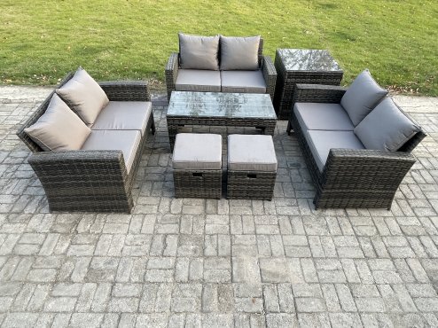 Fimous 7 PCS Outdoor Lounge Sofa Set Wicker PE Rattan Garden Furniture Set with Coffee Table Double Seater Sofa Side Table 2 Small Footstools Dark Grey Mixed
