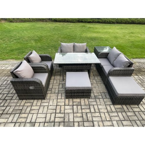 Fimous Outdoor Rattan Garden Furniture 8 piece Grey Patio Furniture Set 8 Seater Lounge Sofa Set with Rectangular Table Reclining Chairs 2 Big Stools Side Table