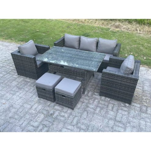 Fimous 7 Seater PE Wicker Rattan Garden Furniture Set Lounge Sofa Chair and Rectangular Dining Table Set 2 Small Footstools Dark Grey Mixed