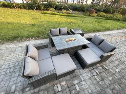 Fimous High Back Rattan Garden Furniture Sofa Sets with Outdoor Furniture Gas Firepit Dining Table Set 2 Big Footstool Side Table Dark Grey Mixed