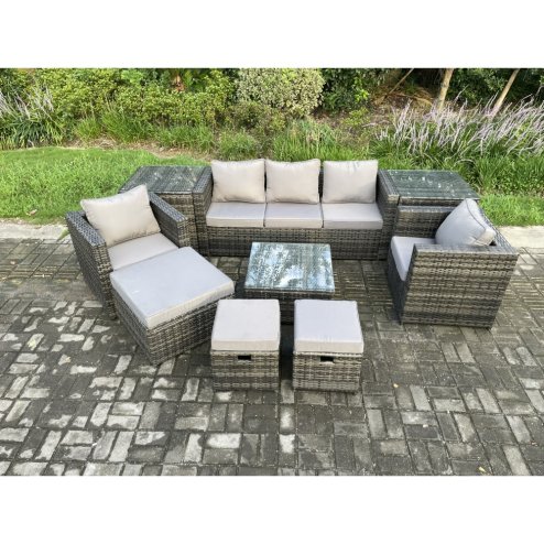 Fimous Wicker Rattan Garden Furniture Sofa Set with 2 Side Tables Armchair Square Coffee Table 3 Footstools 8 Seater Outdoor Rattan Set Dark Grey Mixed