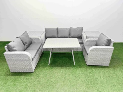 Fimous Rattan High Back Lounge Sofa Set Patio Dining Table & Chairs Set with 3 Seater Sofa Reclining Chair 2 Side Tables Light Grey