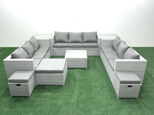 Fimous Rattan Garden Outdoor Furniture Set 12 Seater Rattan Garden Sofa Set with 3 Footstools 2 Side Tables Light Grey Mixed
