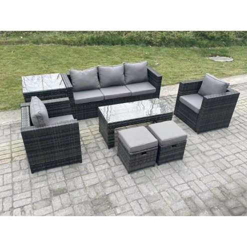 Fimous Lounge Rattan Sofa Set Outdoor Garden Furniture Oblong Rectangular Coffee Table With 2 Chairs 2 Stools Extra Side Table