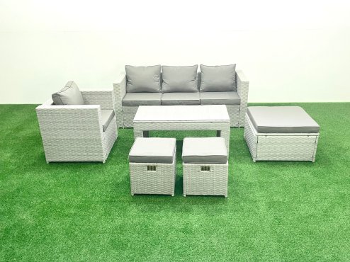 Fimous Rattan Garden Furniture Set 6 Pieces Outdoor Garden Sofa Oblong Coffee Table Set with Chair 3 Footstools Light Grey Mixed
