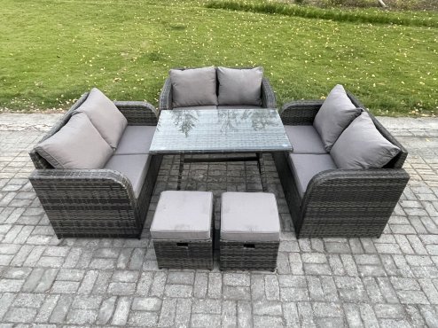Fimous Outdoor Rattan Garden Furniture Set 8 Seater Patio Love Sofa Set with Rectangular Dining Table 2 Small Footstool Dark Grey Mixed